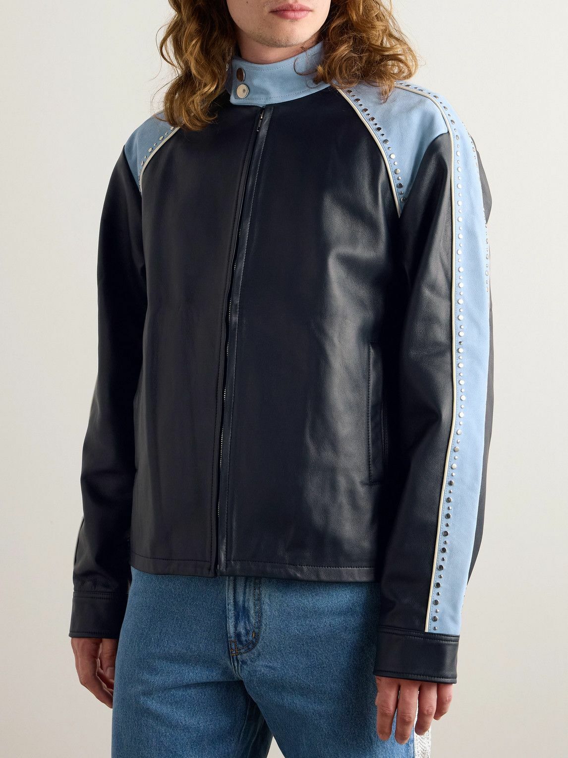 Wales Bonner - Marvel Studded Suede-Trimmed Leather Jacket - Blue