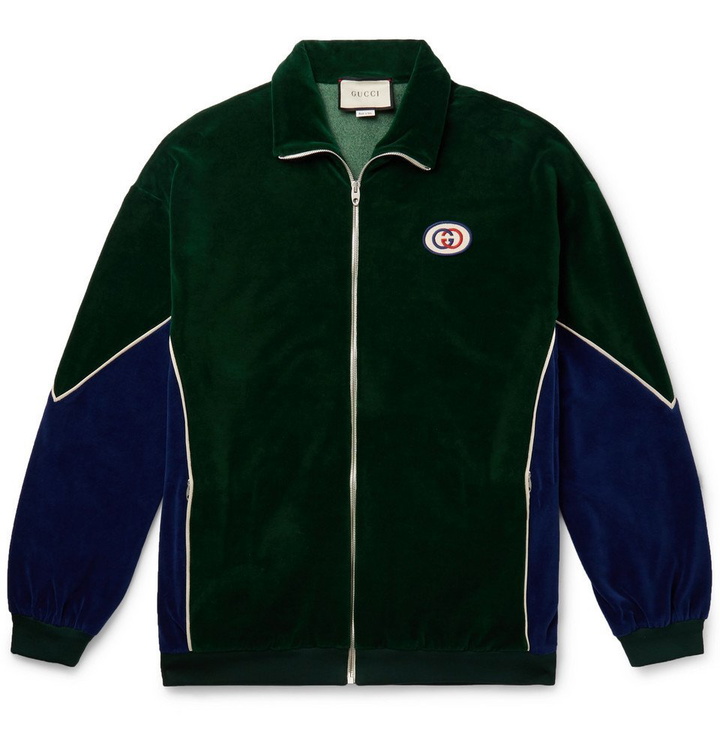 Photo: Gucci - Oversized Logo-Appliquéd Piped Cotton-Blend Velvet Track Jacket - Green