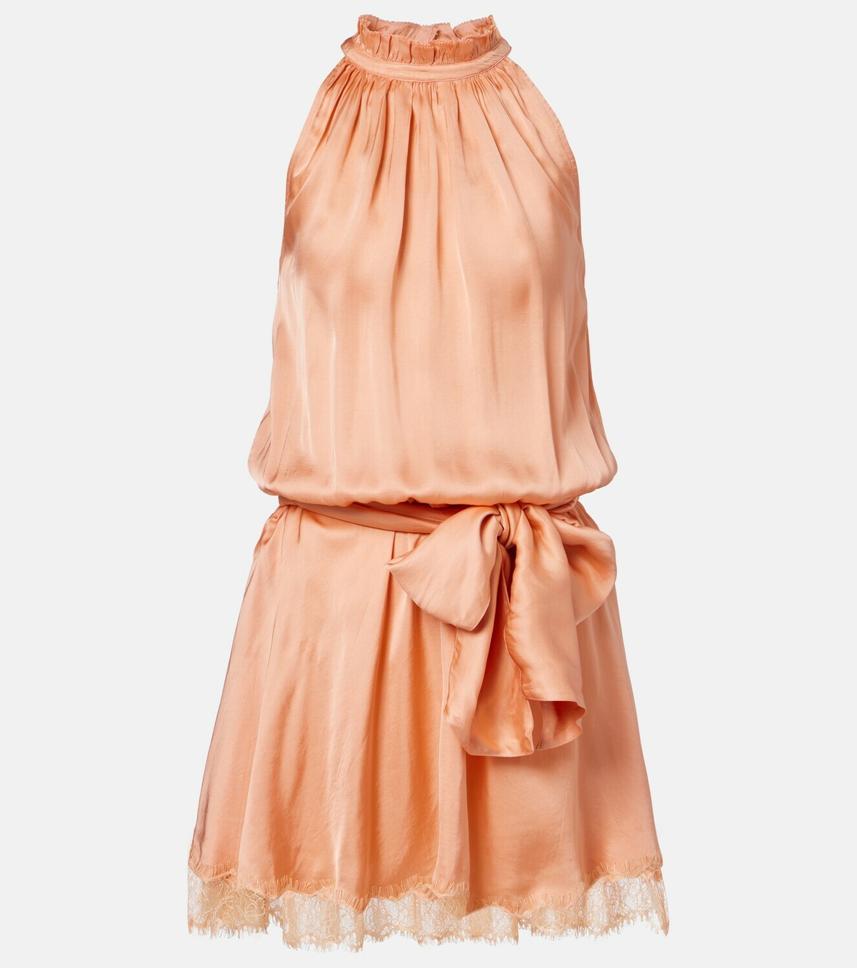 Poupette St Barth Silvia belted lace-trimmed satin romper