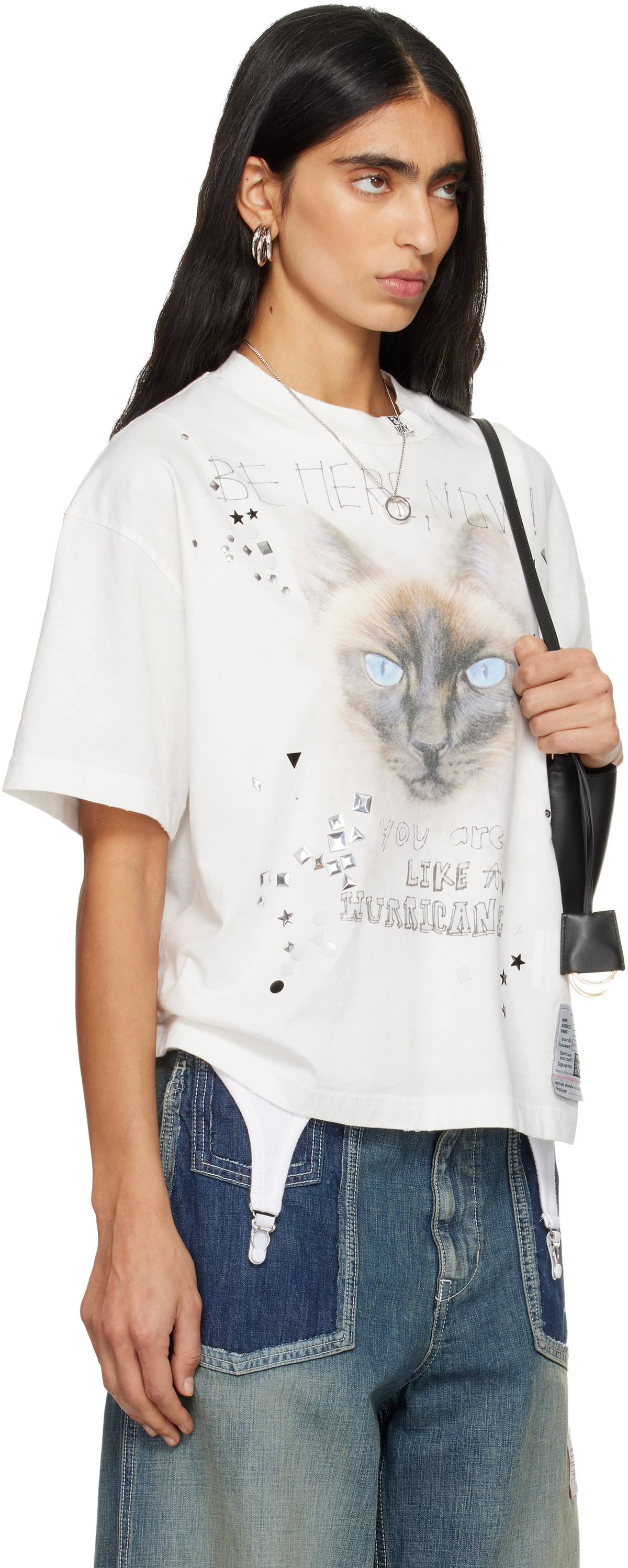 Maison MIHARA YASUHIRO White Cat Printed Embellished Distressed T-shirt