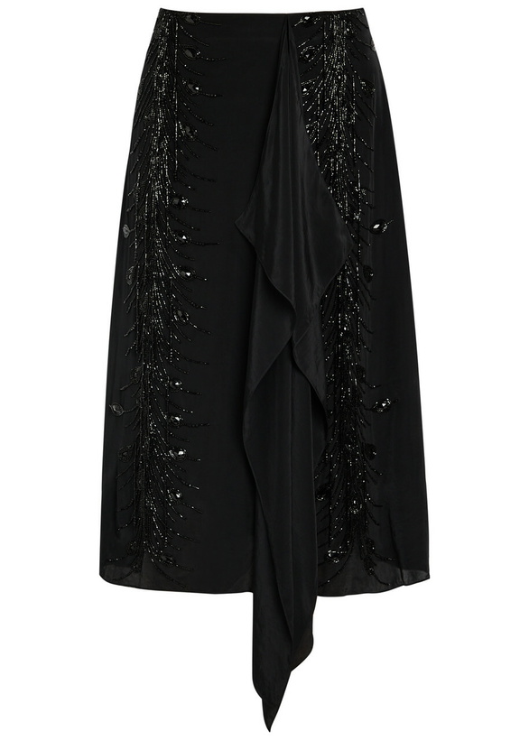Photo: LA Double J Scarf Bead Embellished Satin Midi Skirt Black