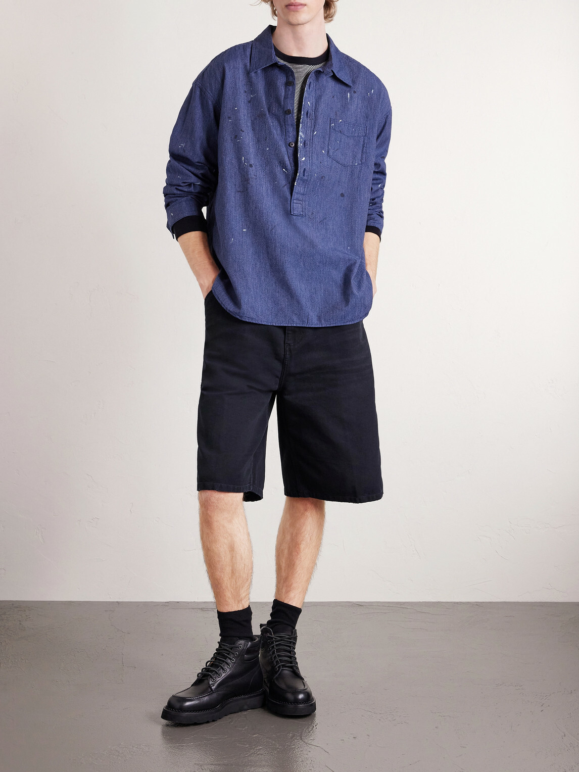 Visvim - Paint-Splattered Cotton and Silk-Blend Chambray Shirt - Blue