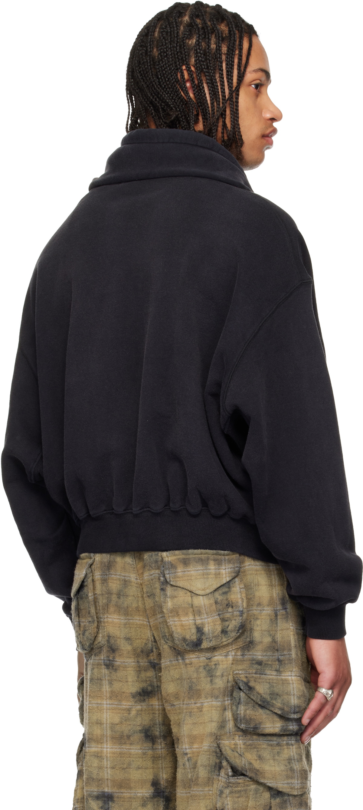 R13 Black Funnel Neck Cropped Popover Hoodie