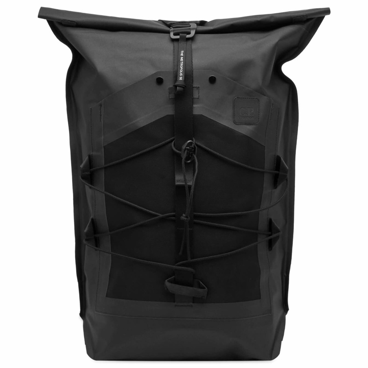 Photo: C.P. Company Men's Metropolis Rubber Reps Rolled Backpack in Black 