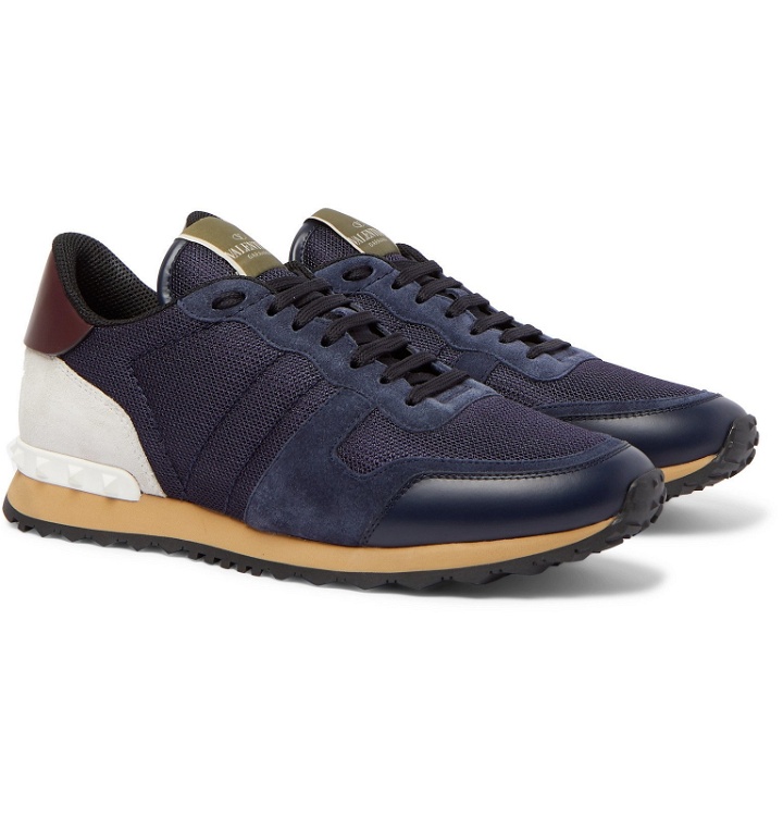 Photo: Valentino - Valentino Garavani Rockrunner Suede, Leather and Canvas Sneakers - Blue
