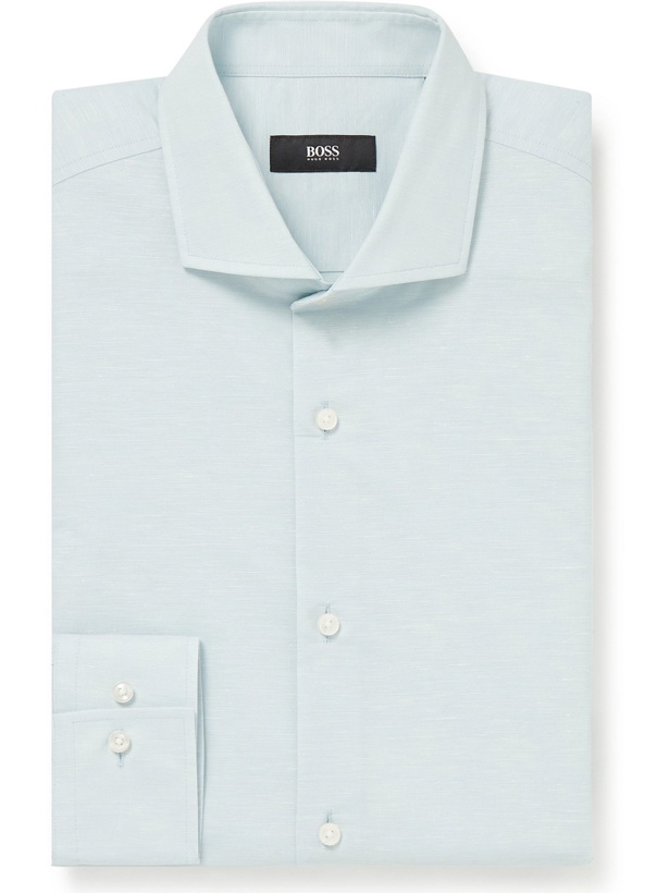 Photo: HUGO BOSS - Jason Slim-Fit Cutaway-Collar Cotton and Hemp-Blend Shirt - Blue