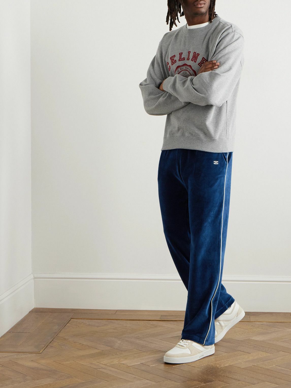CELINE - Straight-Leg Logo-Embroidered Cotton-Blend Velour Track Pants - Blue