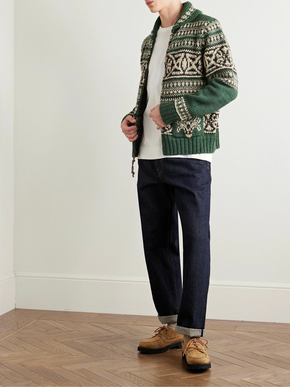 RRL - Shawl-Collar Jacquard-Knit Wool Zip-Up Cardigan - Green RRL