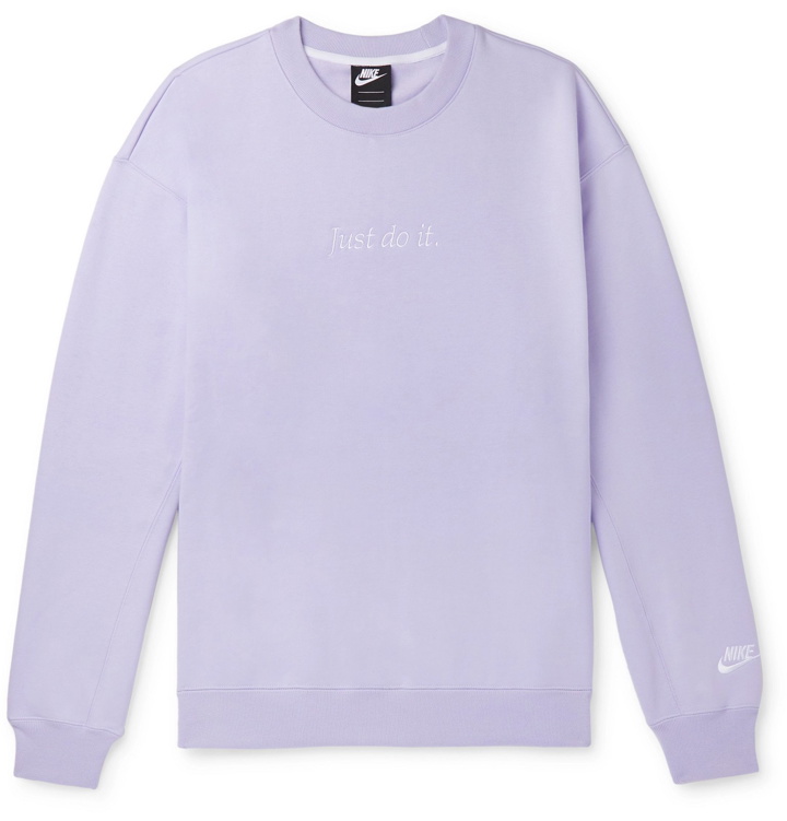 Photo: Nike - Sportswear Logo-Embroidered Fleece-Back Cotton-Blend Jersey Sweatshirt - Purple