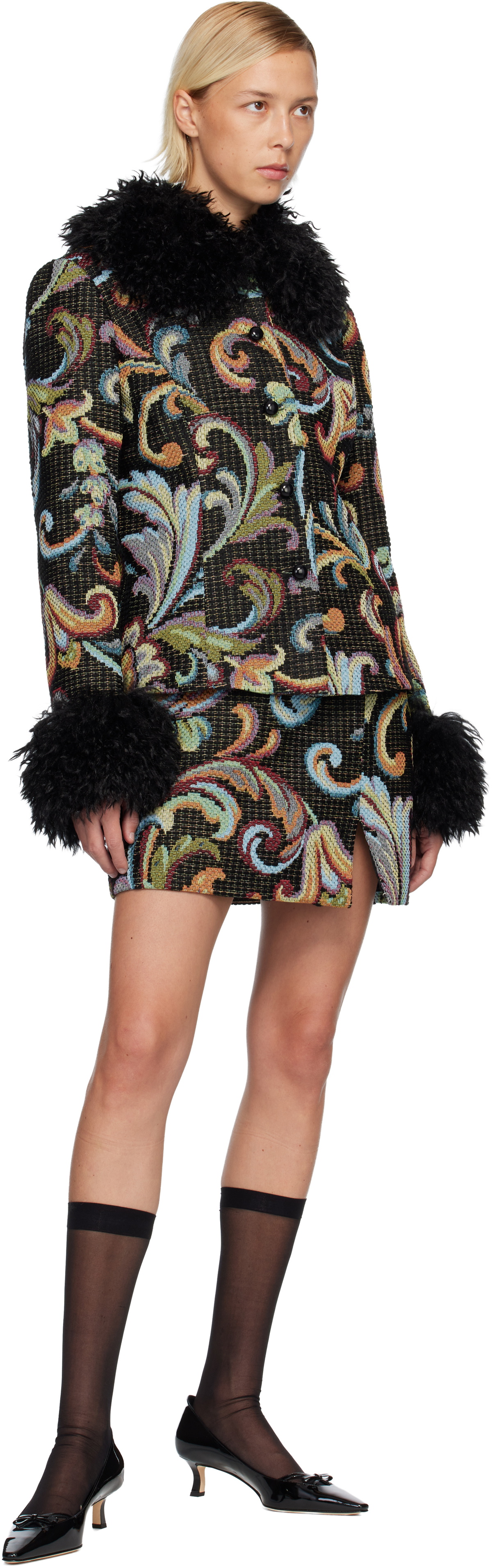 Anna Sui Black Tapestery Faux-Fur Jacket