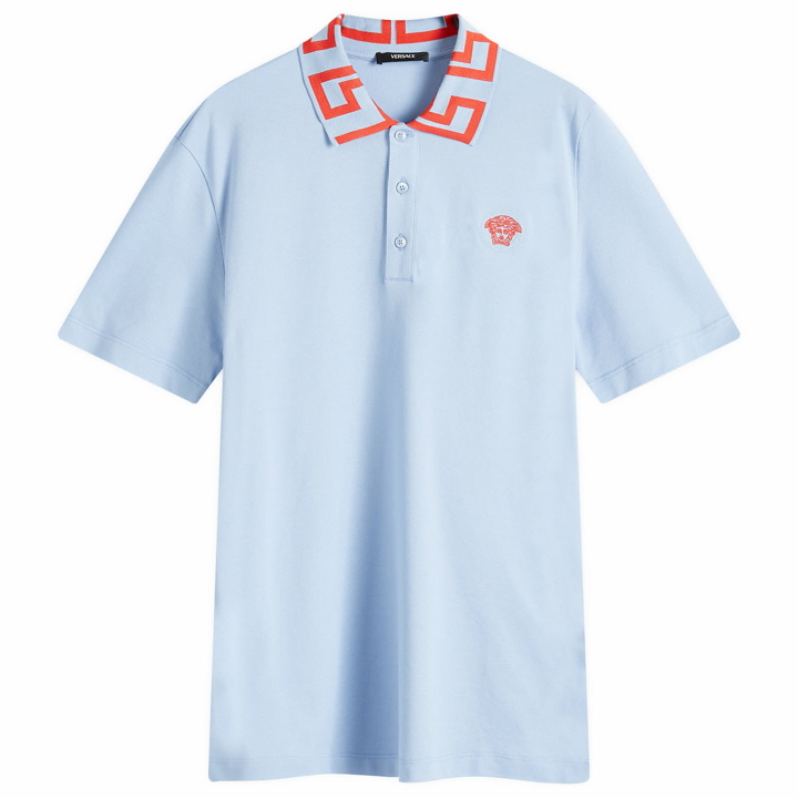 Photo: Versace Men's Meduda Polo Shirt in Blue Hydrangea Coral