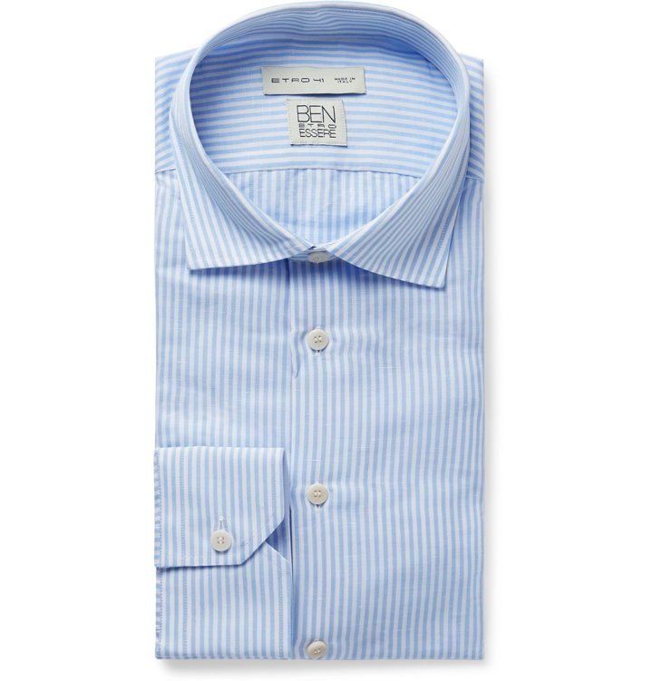 Photo: Etro - Light-Blue Slim-Fit Striped Slub Cotton and Linen-Blend Shirt - Blue