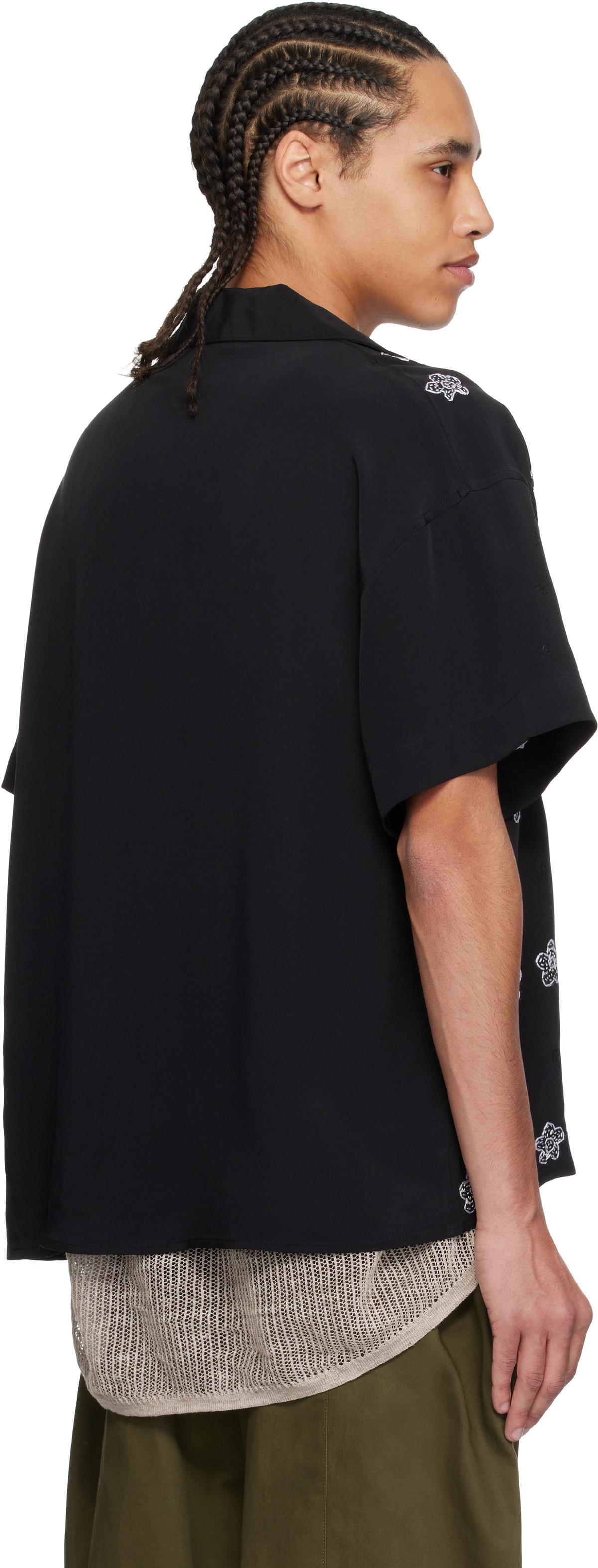 Glass Cypress Black Silk Flower Bowling Shirt