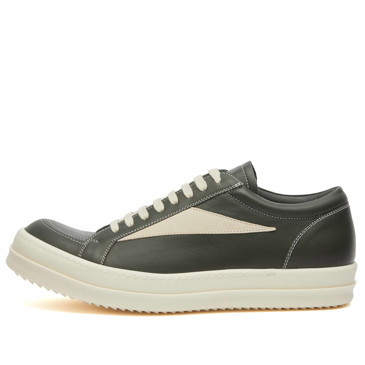 Rick Owens Men's Leather Vintage Sneaks in Forest/Milk Rick Owens
