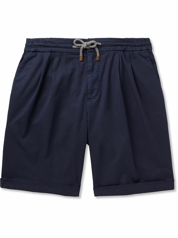 Photo: Brunello Cucinelli - Slim-Fit Pleated Cotton-Blend Twill Drawstring Shorts - Blue