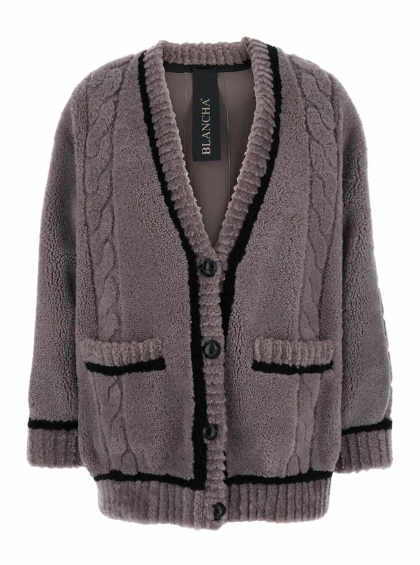 Photo: Blancha Grey V-neck Cardigan With Front Pockets In Fur Woman