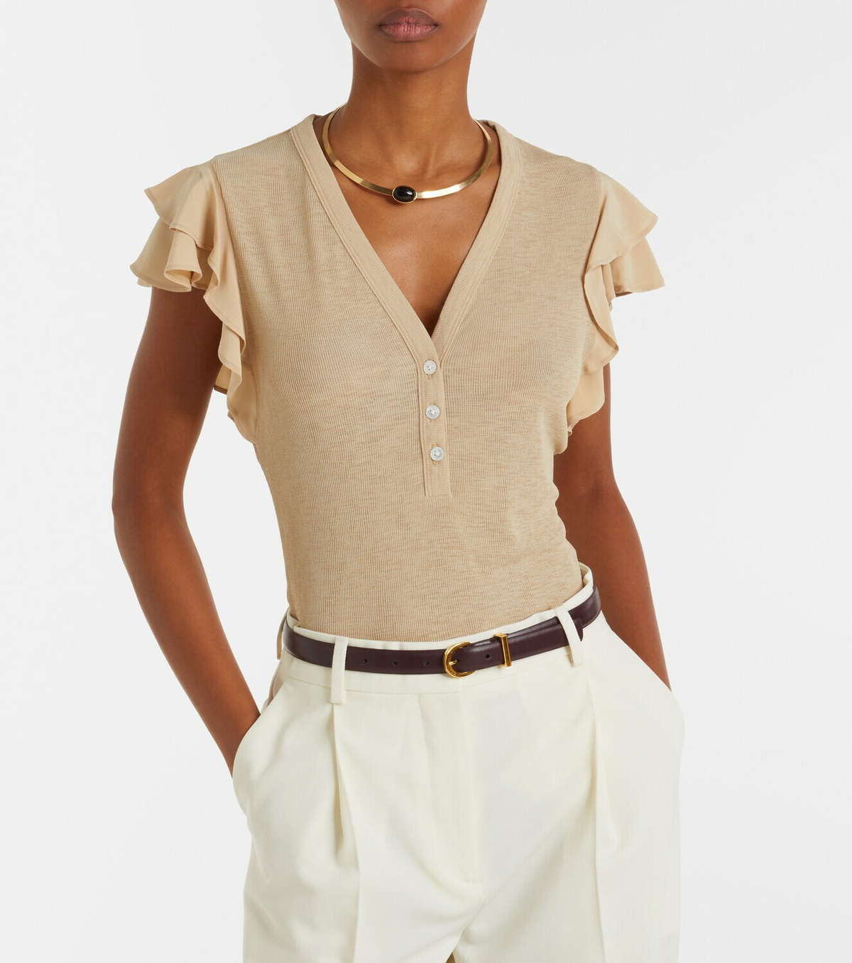 Veronica Beard Aphrodite ribbed-knit ruffled top