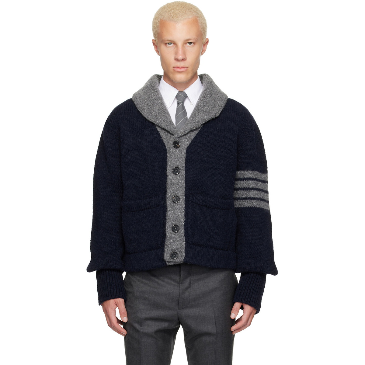Thom Browne Navy & Gray 'Browne 65' Jersey Intarsia Shawl Collar Cardigan