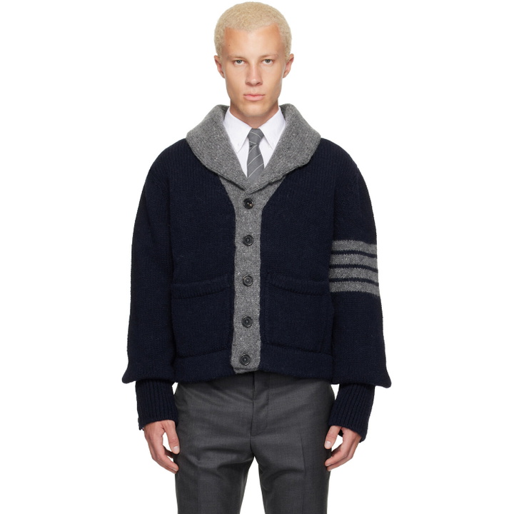 Photo: Thom Browne Navy & Gray 'Browne 65' Jersey Intarsia Shawl Collar Cardigan