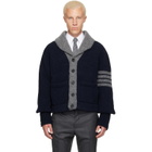 Thom Browne Navy & Gray 'Browne 65' Jersey Intarsia Shawl Collar Cardigan