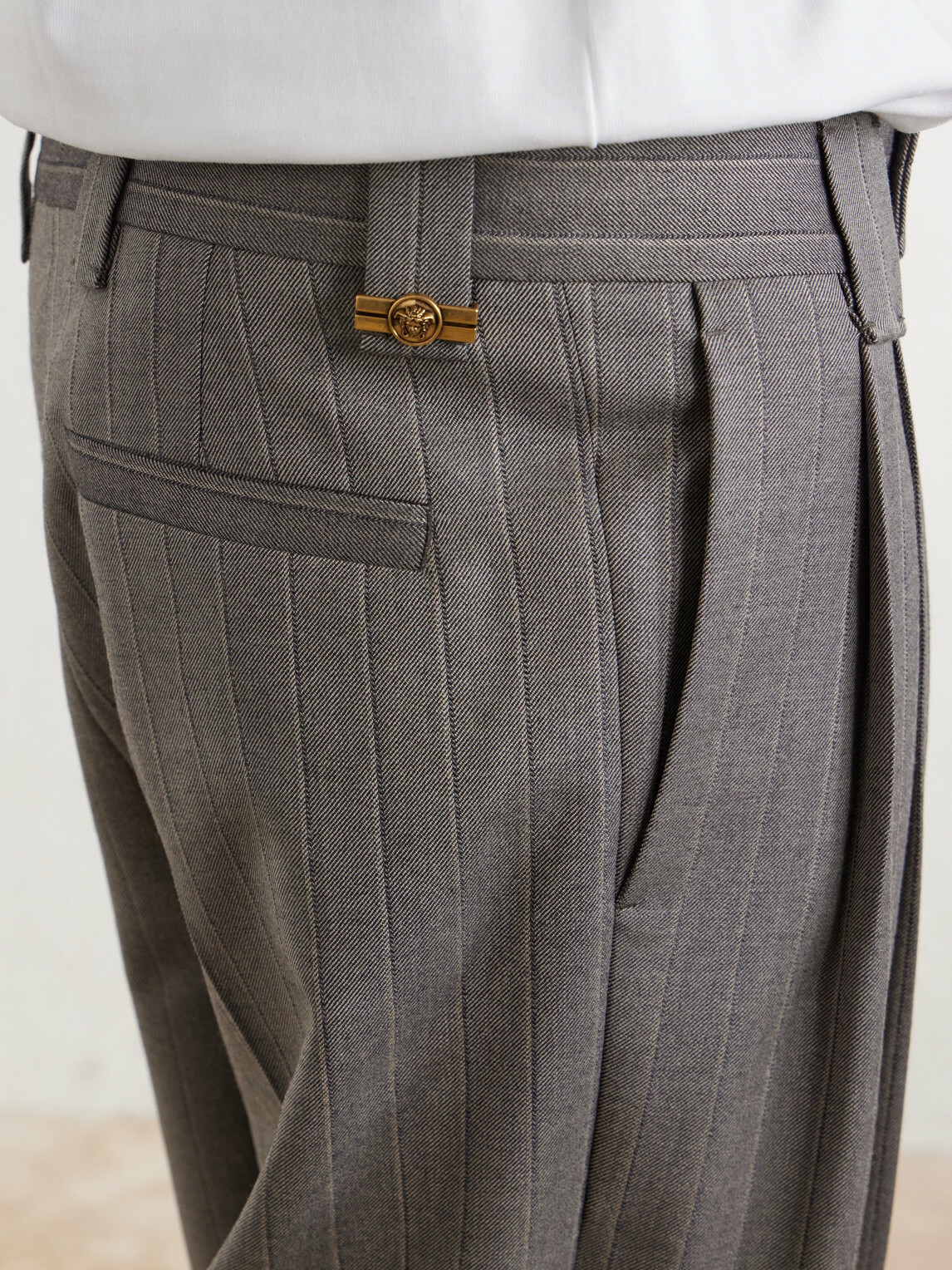 Versace - Pleated Pinstriped Virgin Wool-Twill Trousers - Gray