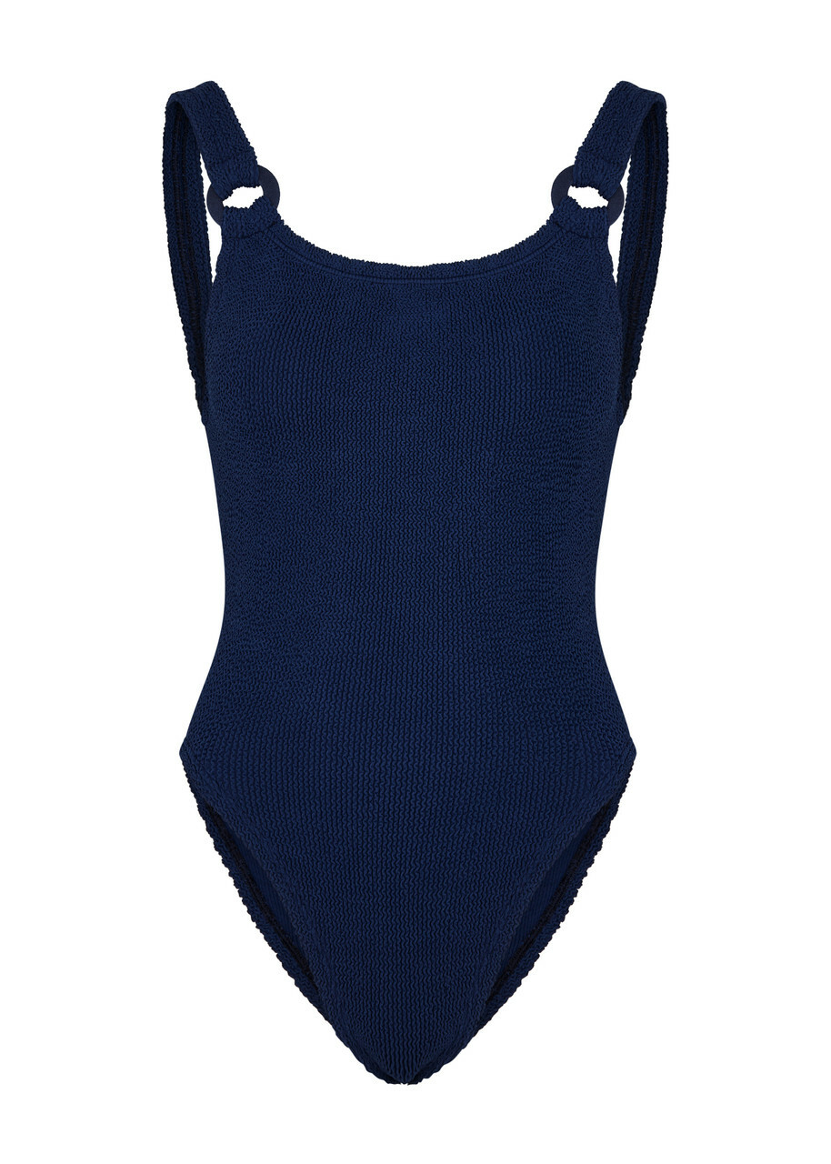 Hunza G - Domino Seersucker Swimsuit, Navy, One Size, Scoop