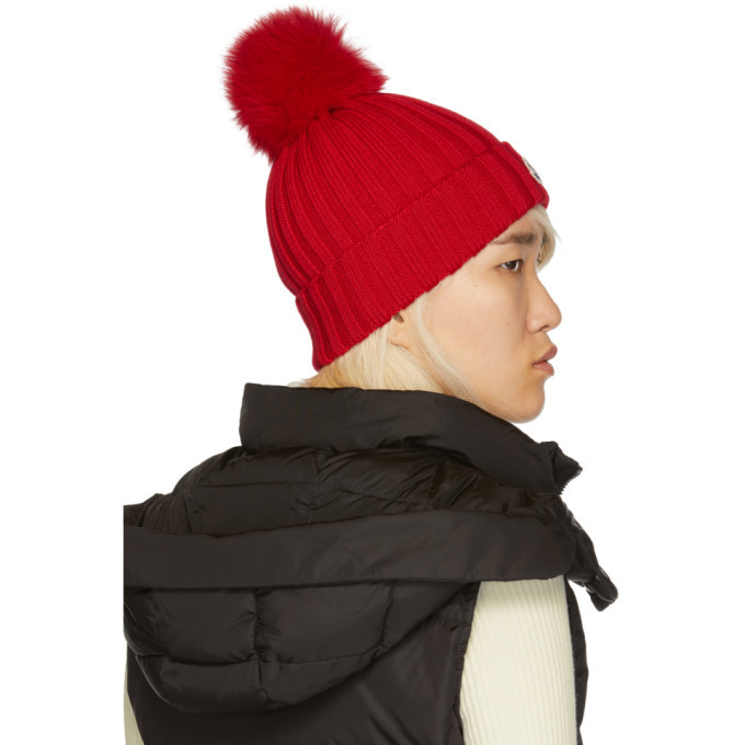 Moncler Red Fur Pom Pom Beanie Moncler display picture 3