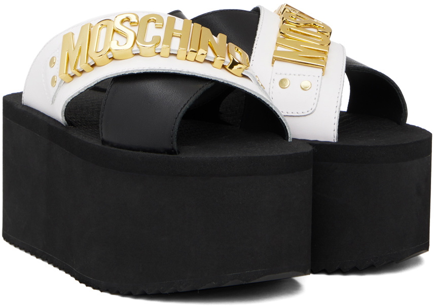 Moschino Black & White Lettering Logo Wedge Sandals Moschino