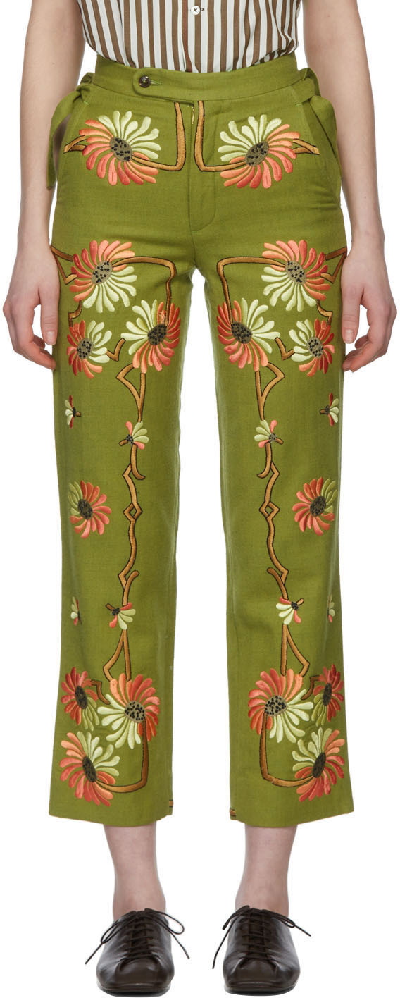 Bode Victorian Floral-embroidered Trousers In Grün