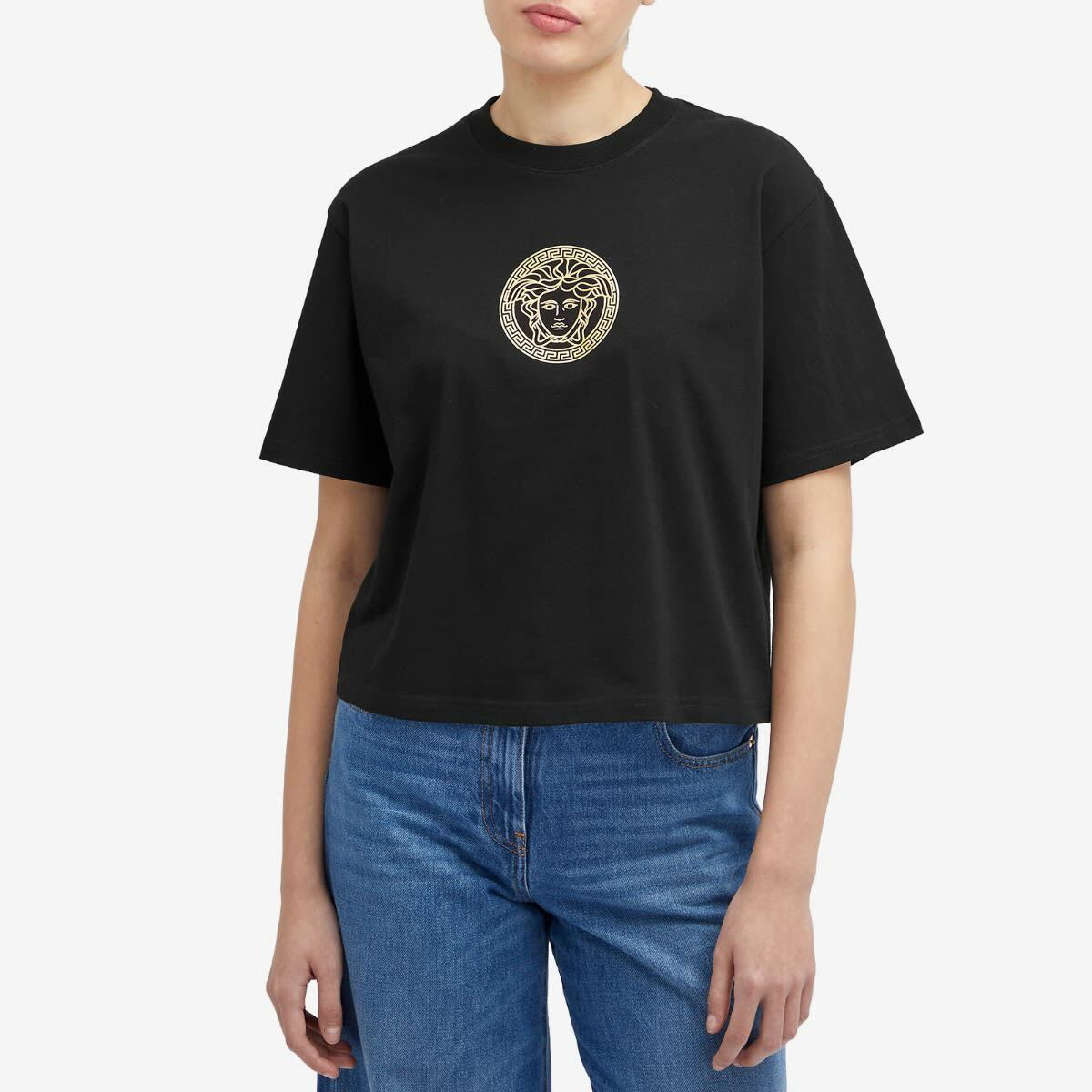 Versace Women's Logo Crop T-Shirt in Black/Gold Versace Versace Women's Logo Crop T-Shirt in Black/Gold Versace