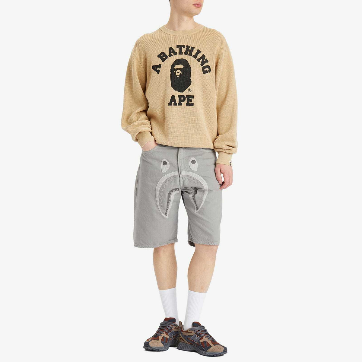 A Bathing Ape Men's Shark Garment Dye Relaxed Fit Denim Shorts in Grey