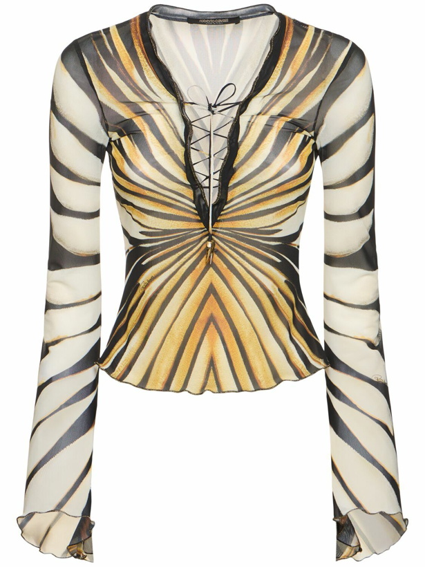 Photo: ROBERTO CAVALLI Ray Of Gold Printed Tulle Top