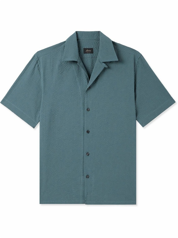 Photo: Brioni - Convertible-Collar Cotton-Seersucker Shirt - Blue