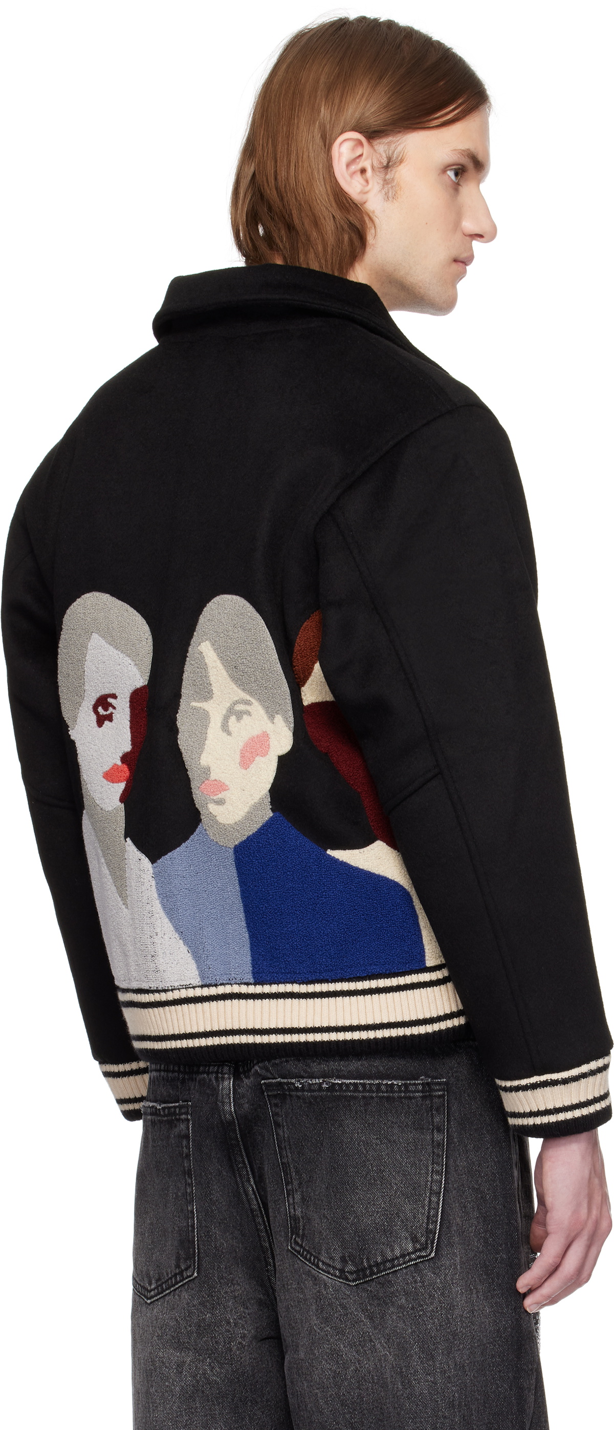 KidSuper Black Patchwork Portraits Wool Varsity Jacket