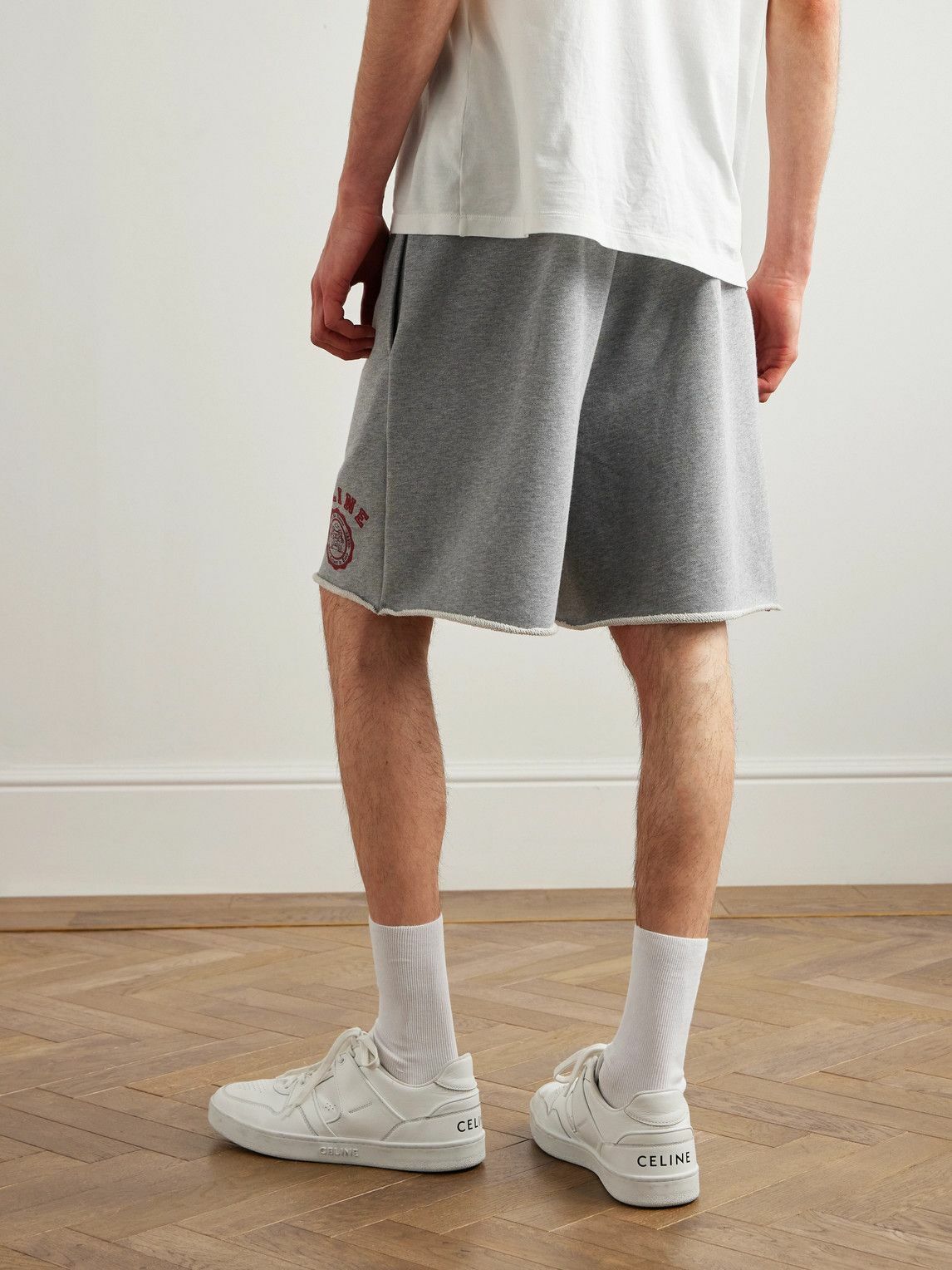 CELINE - Straight-Leg Logo-Flocked Cotton-Jersey Drawstring Shorts - Gray