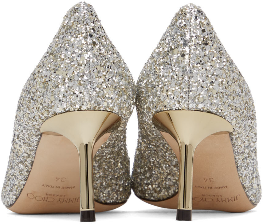 Jimmy Choo Silver Coarse Glitter Romy 60 Heels Jimmy Choo