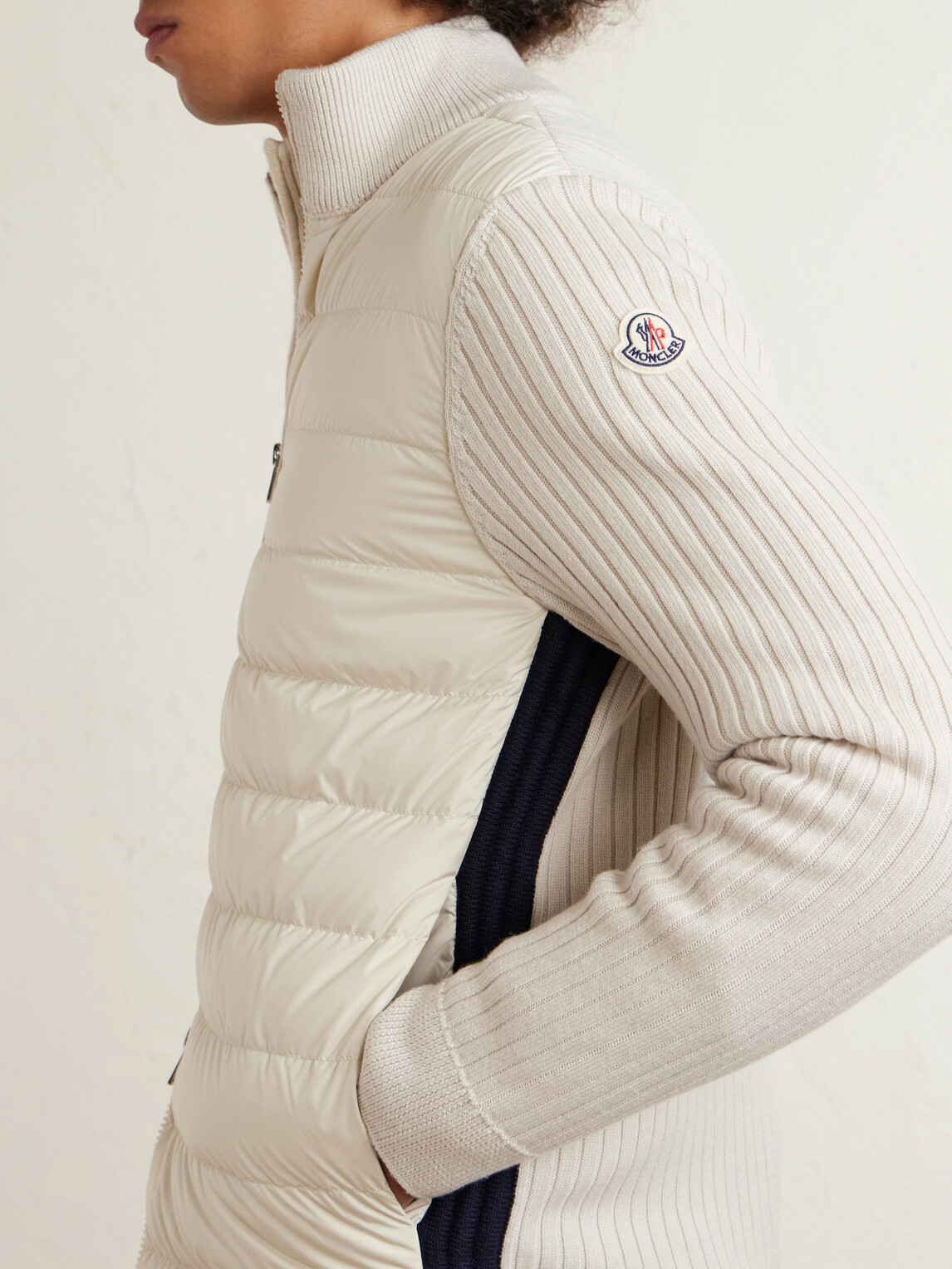 Moncler - Shell-Trimmed Ribbed Wool Down Zip-Up Cardigan - Neutrals