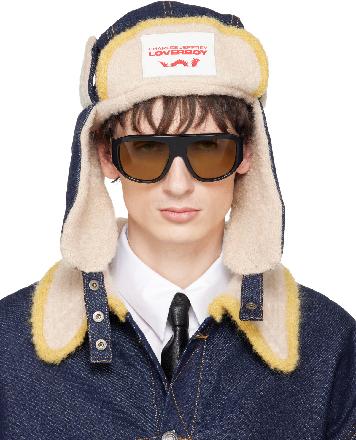 Charles Jeffrey LOVERBOY Navy & Beige Knit Patch Trapper Hat