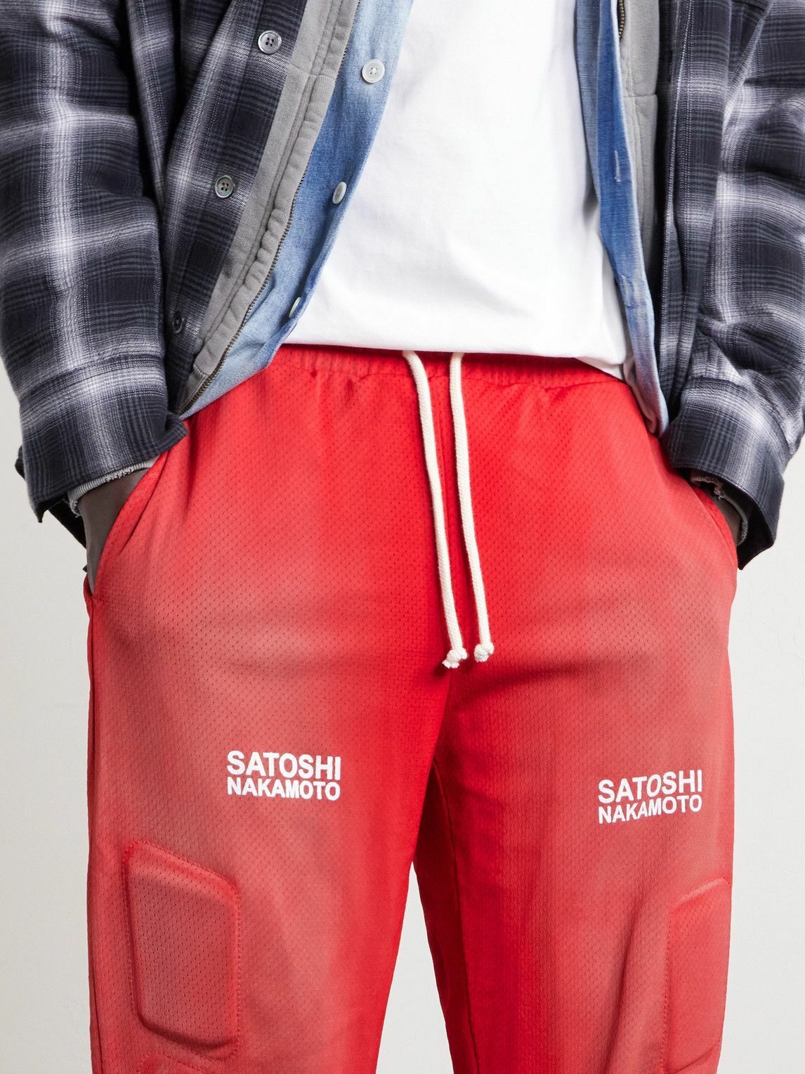 Satoshi Nakamoto - Straight-Leg Padded Printed Mesh Sweatpants - Red