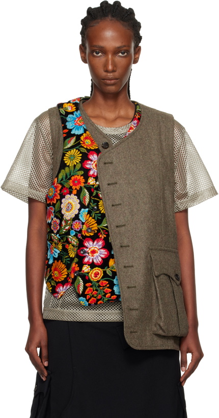 Photo: Comme des Garçons Homme Plus Khaki & Black Velvet Floral Pattern Embroidery Vest