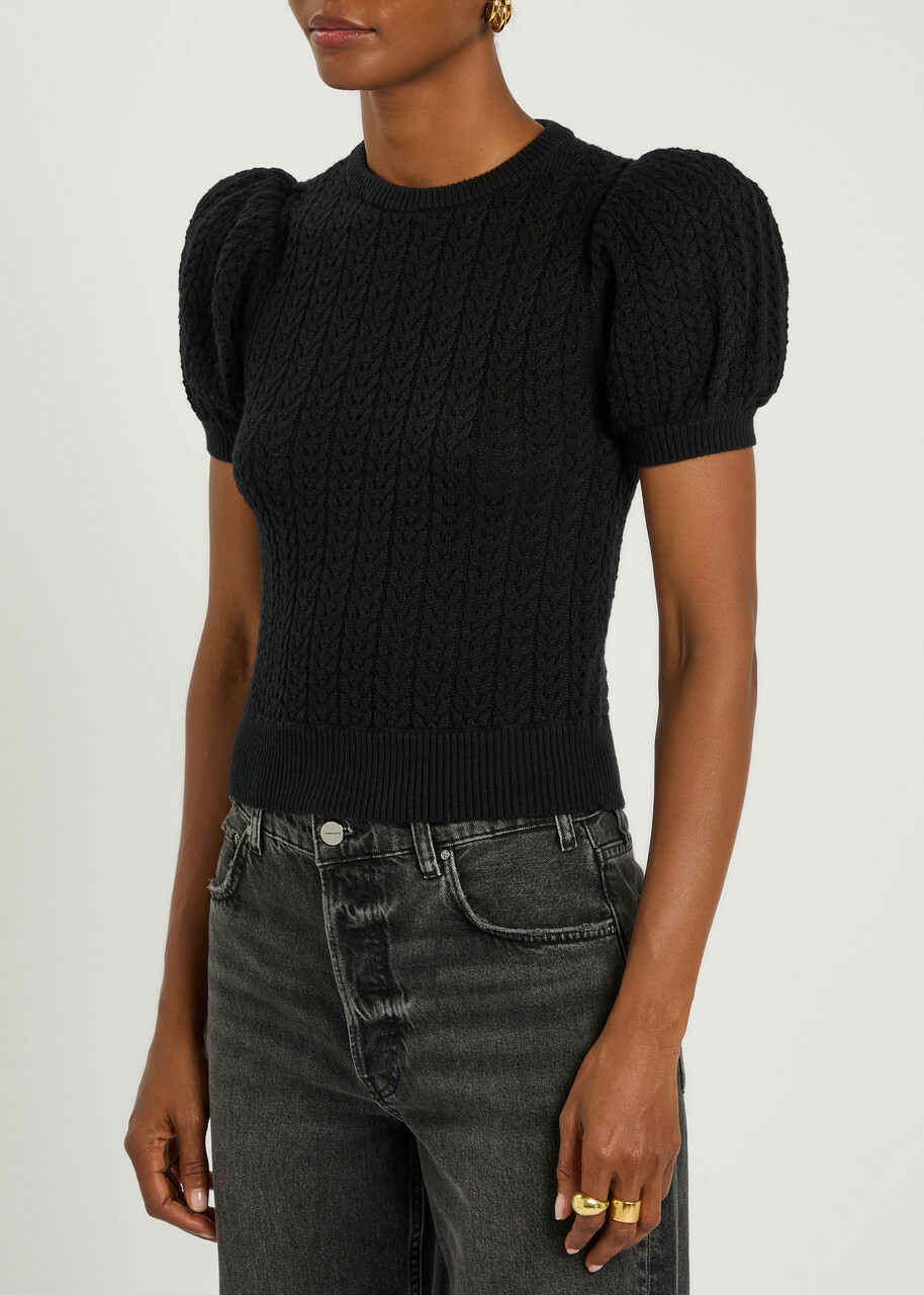 Alice + Olivia Chase Puff Faux Pearl-embellished Cotton-blend top Black