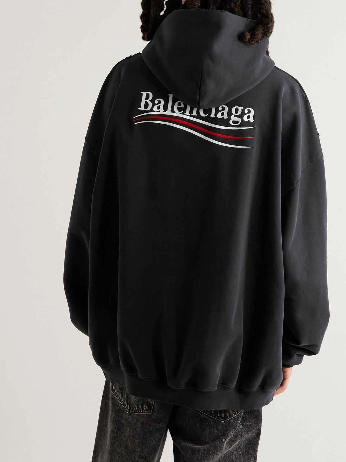 BALENCIAGA - Oversized Distressed Logo-Print Cotton Hoodie - Black