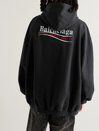 Balenciaga - Oversized Distressed Logo-Embroidered Cotton-Jersey Hoodie - Black