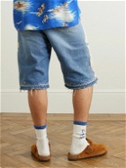 KAPITAL - Straight-Leg Distressed Crochet-Trimmed Denim Shorts - Blue