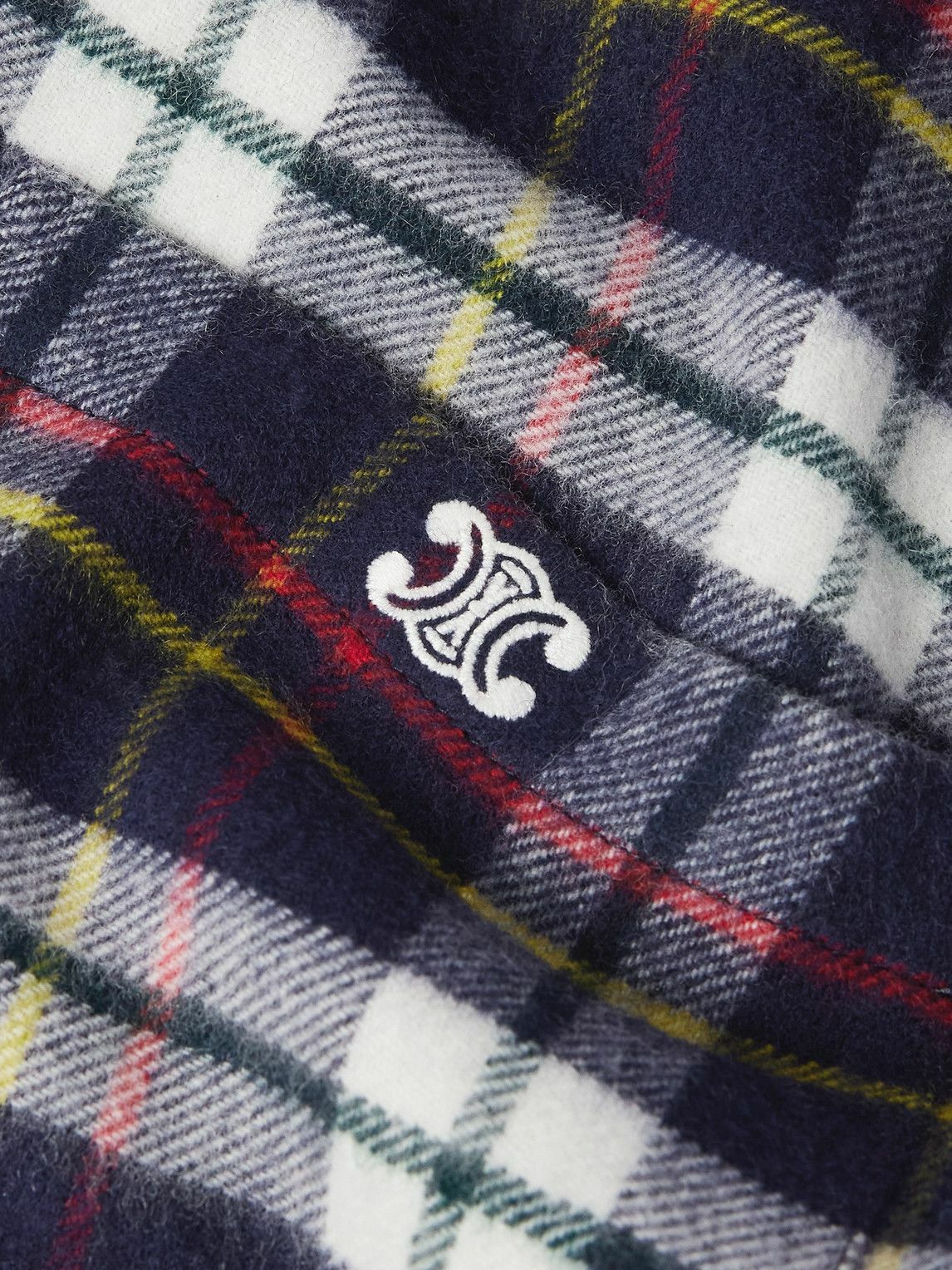 CELINE - Logo-Embroidered Checked Wool-Flannel Shirt - Blue