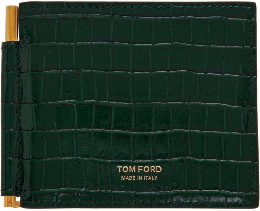 Tom Ford Money Clip Crocco Card Holder in Green for Men