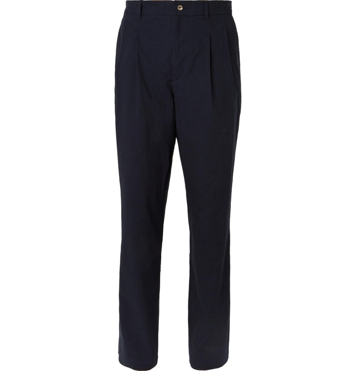 Photo: De Bonne Facture - Navy Pleated Brushed-Cotton Trousers - Blue