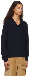 Palm Angels Navy Curved Logo V-Neck Sweater