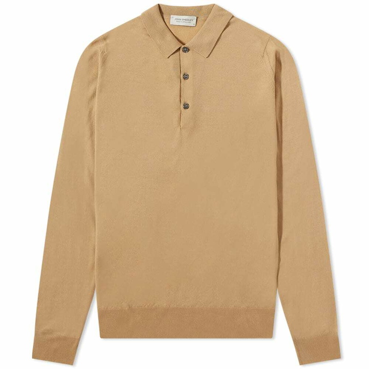 Photo: John Smedley Men's Merino Long Sleeve Knit Polo Shirt in Light Camel