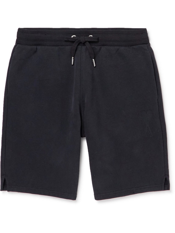 Photo: AMI PARIS - Straight-Leg Logo-Embroidered Organic Cotton-Jersey Drawstring Shorts - Black